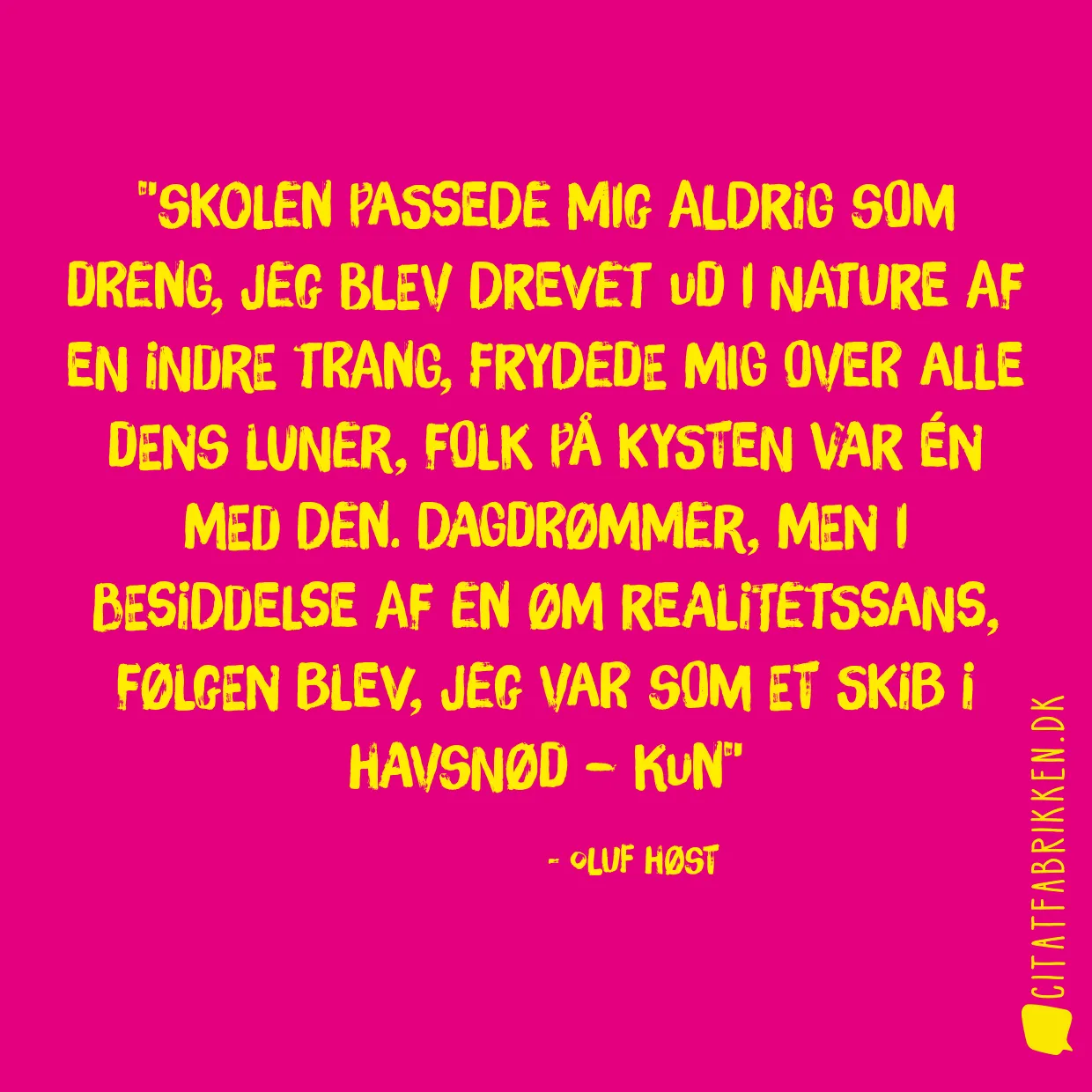 Skolen passede mig aldrig som dreng, jeg blev drevet ud i nature af en indre trang, frydede mig over alle dens luner, folk på kysten var én med den. Dagdrømmer, men i besiddelse af en øm realitetssans, følgen blev, jeg var som et skib i havsnød – kun