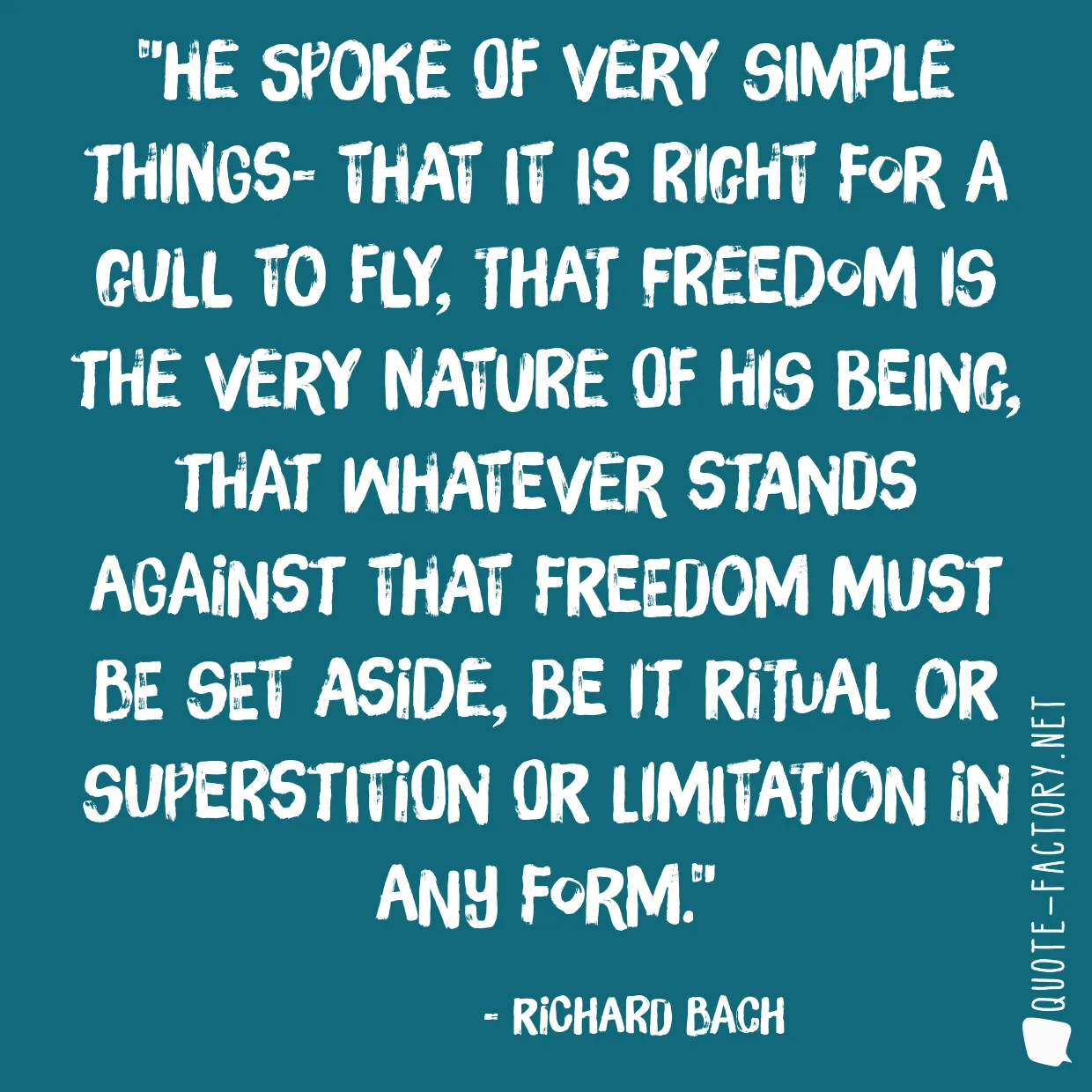 He spoke of very simple things- that it is right for a gull to fly, that freedom is the very nature of his being, that whatever stands against that freedom must be set aside, be it ritual or superstition or limitation in any form.